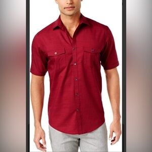 Alfani Men's Short Sleeve Button-Front Shirt Red Textured  3XL